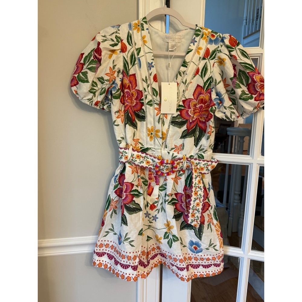 Caroline Constas Floral Embroidered Romper White Puff Sleeve Beaded Belt Size 6